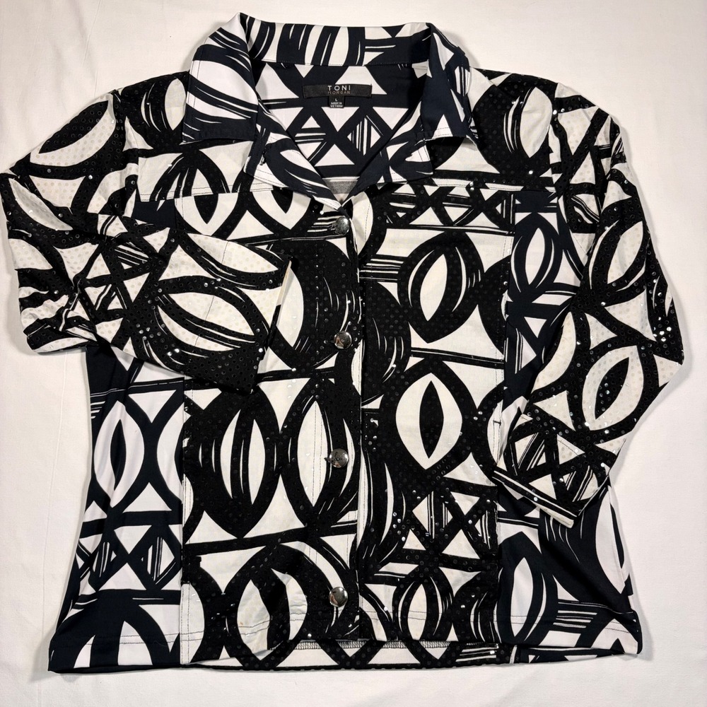 Toni Morgan Women's Large Black White Abstract Sequin 3/4 Sleeve Blouse